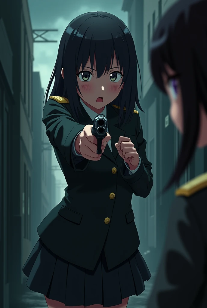 In the anime、I point a gun at the girl ,ass pov,First-person view,Surprised face,Wearing a military uniform