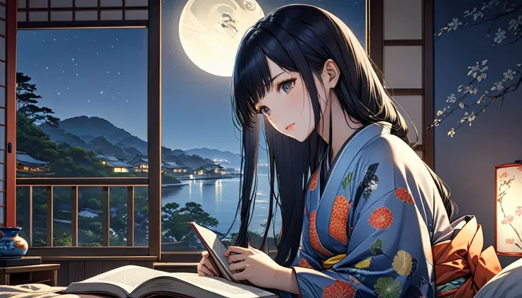 anime, A beautiful young Japanese woman with long black hair, soft moonlight illuminating her face, The background has a summery atmosphere, cozy bedroom setting, romantic and tranquil atmosphere, photorealistic, Highly detailed Ukiyo-e, Japanese painting,...