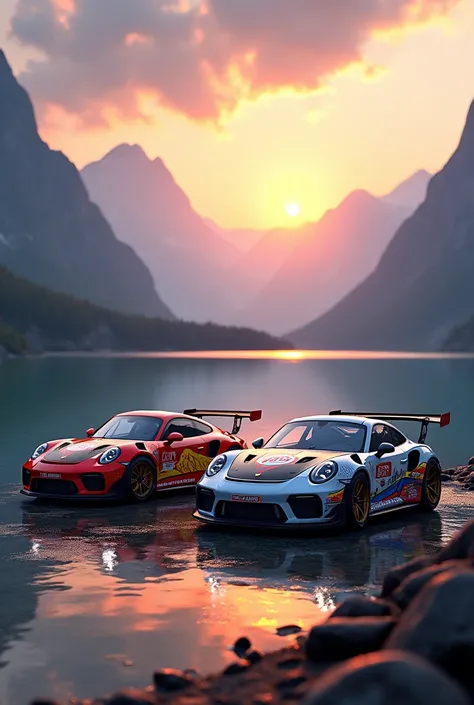 A Porsche GT3RS in Lightning McQueen livery stands in the mountains by a lake and in the background you can see mountain peaks over which the sun is just rising. Next to it stands a Porsche GT3RS in Lightning McQueen Dinico livery