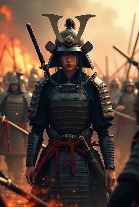 Japan Female Samurai、Female warriors of the Sengoku period、Wearing a helmet、Scene of fierce fighting、There are many people fighting around、Flames are rising all around、Sense of presence。Real、Genuine、２５age、Black Hair