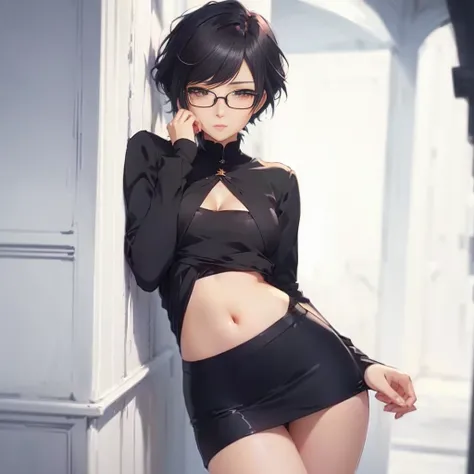 anime style woman in black blouse and skirt leaning against the wall, seductive anime girl, soft anime cg art, with glasses, anime moe art style, non-style artwork by guweiz, anime girl wearing a black dress, hints of yayoi kasuma, attractive anime girl, I...