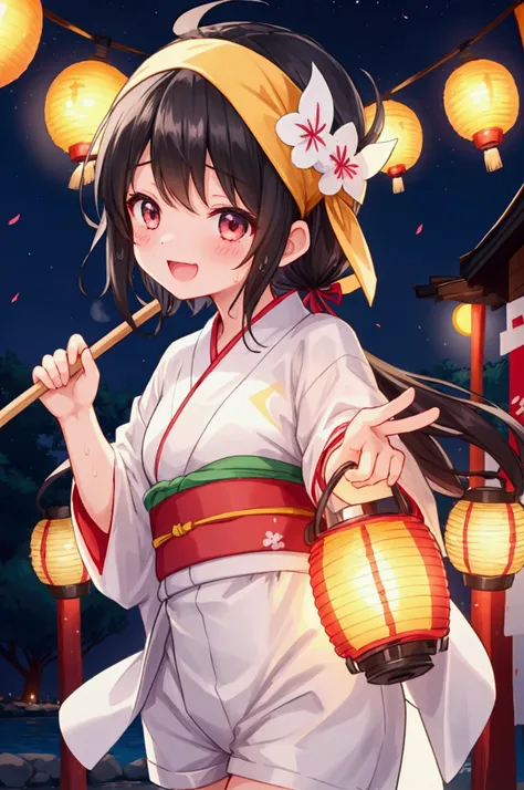 Girl、Black Hair、Summer festival、Happy、yukata、headband、night、Lantern、（Drumming）、Sweat、Laughing happily、White shorts