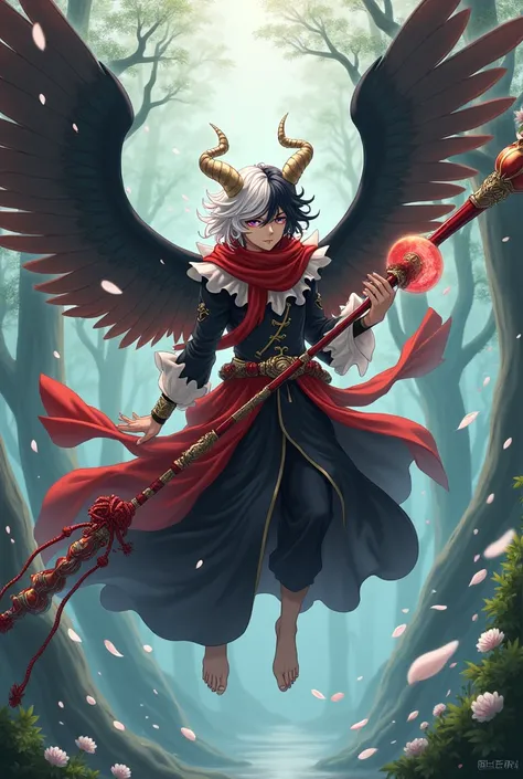 A male man but he has an androgynous appearance having curly hair white on one side and black on the other he has two pairs of white horns with gold details he is wearing the cloak that is black on one side and white on the other he has two wings the angel...