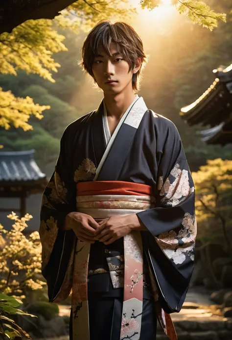 Akechi, the kimono-clad idol genius, stands once again in an ancient shrine bathed in the warm light of the setting sun. Clutching the amulet to his chest, he has a look of gratitude and peace on his face. The shrine and the surrounding landscape are peace...