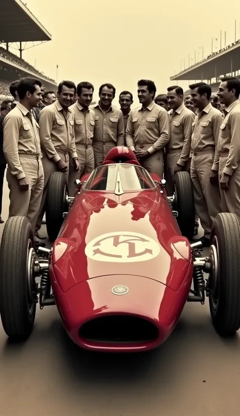 A vintage photograph capturing Alfa Romeos victory celebration after winning the 1950 Constructors Championship, with the Alfa Romeo 158 prominently displayed.
 side-by-side comparison of the Alfa Romeo 158 with a modern Formula 1 car, highlighting the adv...