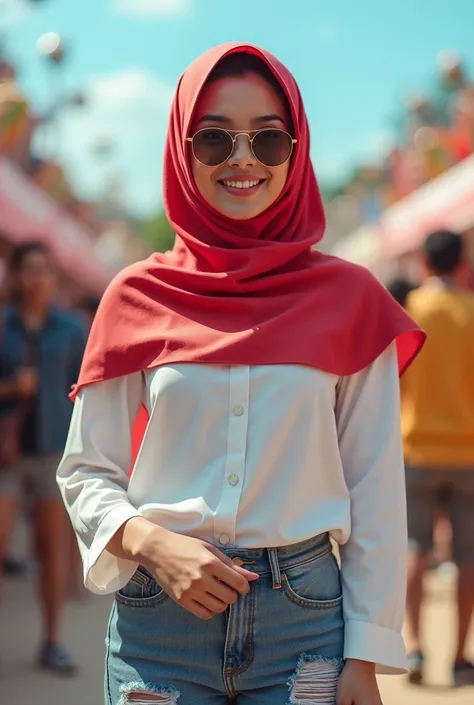 (photorealism:1.2),  (realisme)
A beautifull Indonesian young  women, red hijab, sunglasses, A long sleeves white Blouse, a ripped jeans, standing smyling thinly to camera. In indonesian August events, carnivals, audio parades, realistic, blue sky, bagdrop...