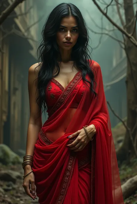  A woman in red net saree in tait fitting  a full body all parts in desabal and hi his not exist in word 

