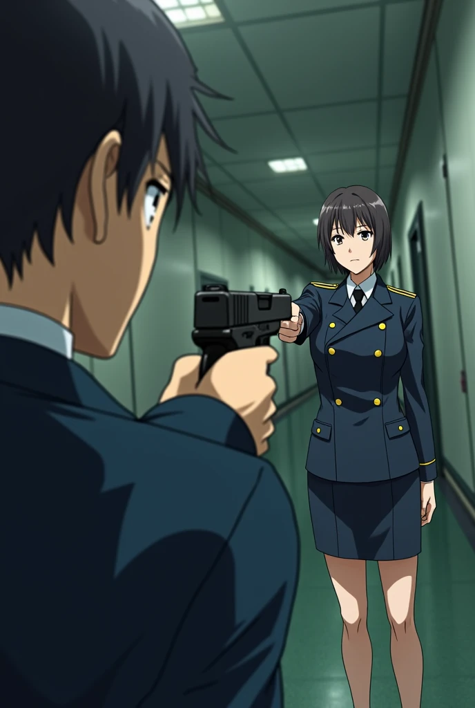 In the anime、First Person View,ass pov,First-person view,Surprised face,He points a gun at a girl in a military uniform.