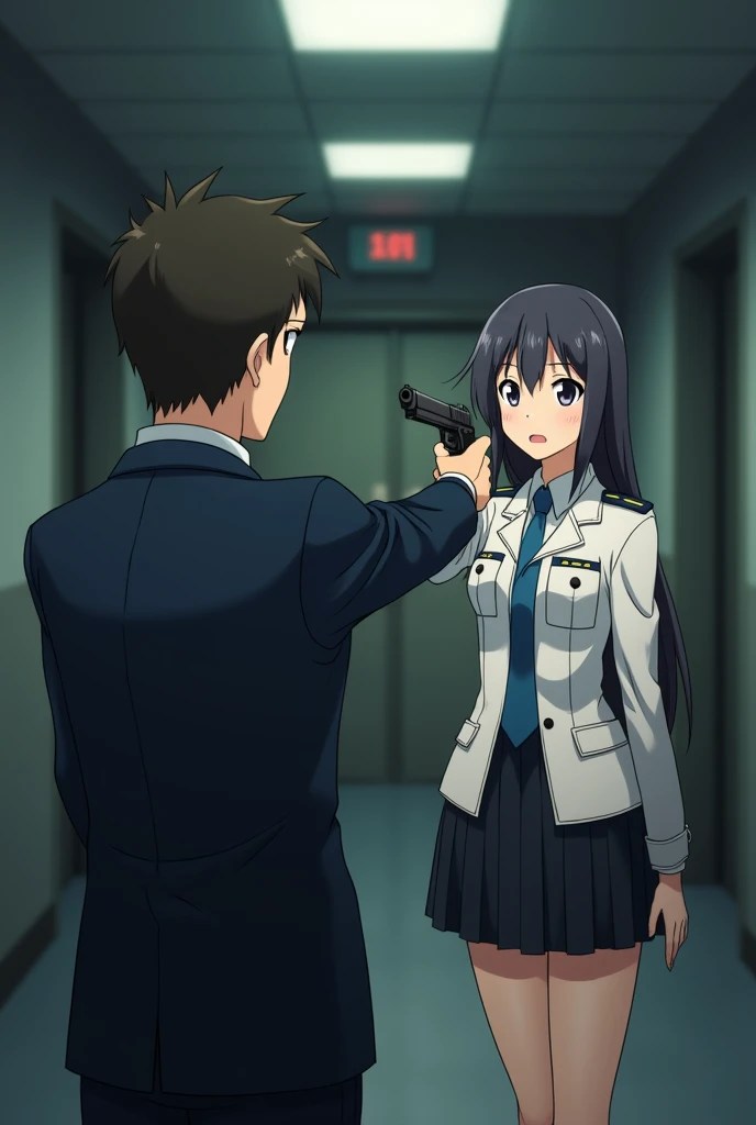 In the anime、First Person View,ass pov,First-person view,Surprised face,He points a gun at a girl in a military uniform.