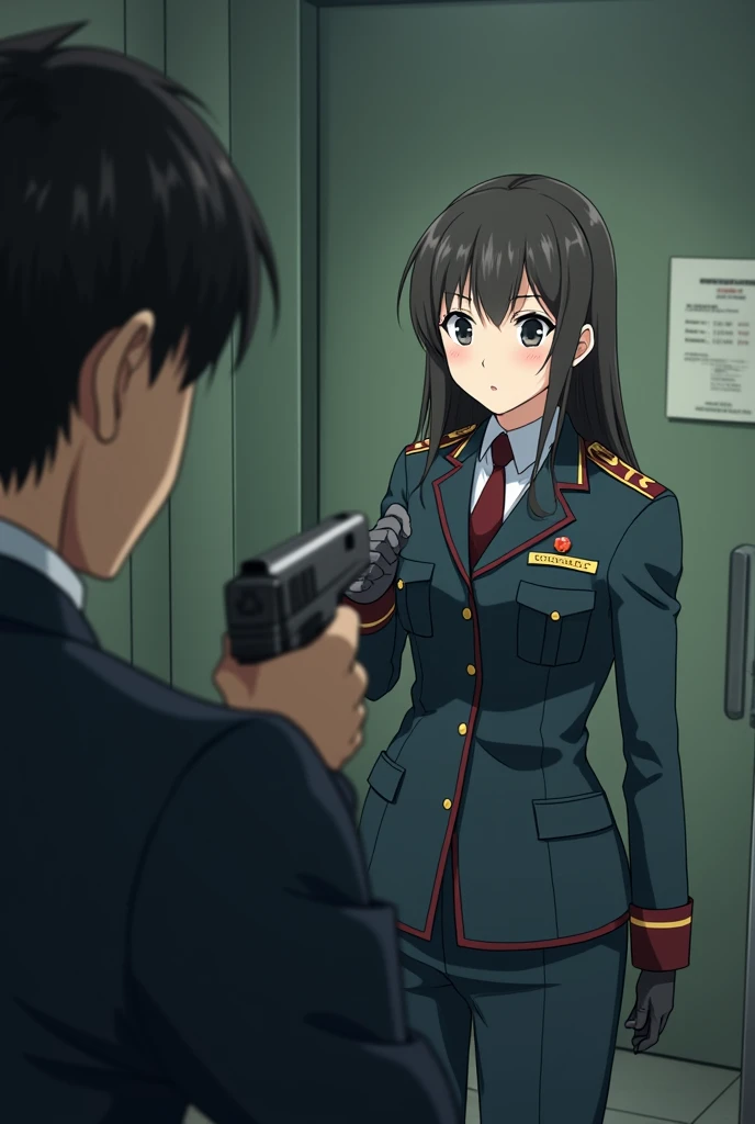 In the anime、First Person View,ass pov,First-person view,Surprised face,He points a gun at a girl in a military uniform.