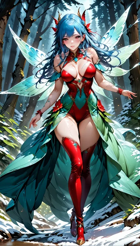 (oil painting art: 1.5) a most beautiful fairy playing in the snow, a beautiful fairy, spread butterfly wings, dynamic hair color, dynamic hair style, busty, wearing red silk dress, intricate silk, wearing high heels boots, she is playing the snow, fresh s...