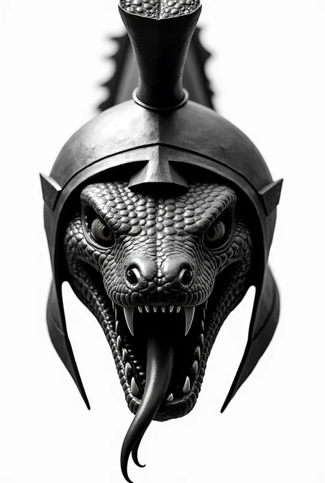 Create a snake head using spartan helmet, white background, black subject