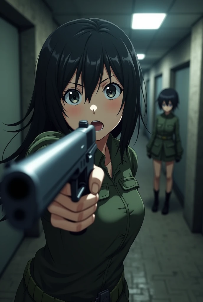 In the anime、FPS,ass pov,First-person view,Surprised face,He points a gun at a girl in a military uniform.