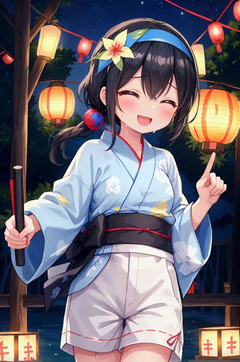 Girl、Black Hair、Summer festival、Happy、Bright blue yukata、headband、night、Lantern、drum、（drumを叩く）、Sweat、Laughing happily、White shorts