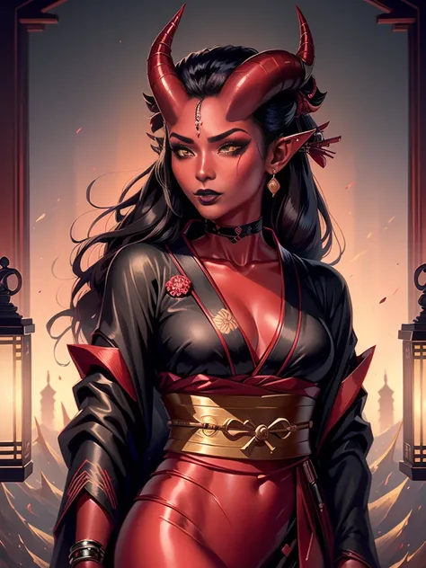 1girl, female, solo, tiefling, ((red skin, red colored skin, deep red skin)), Woman, jewelery, ear piercings, (straight black horns, black oni horns), black hair, long hair, yellow eyes, black lips, choker, goth, horn ornament, armour, ((master piece, best...