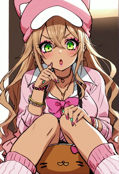 chica gyaru, with dark-skinned gyaru clothing, with chococat bag and hello kitty hat, with leg warmers and her pink clothes, Brown hair with green eyes and gyaru makeup