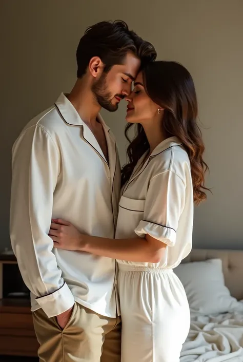 I want a man and a woman posing in front of the same linen pajamas