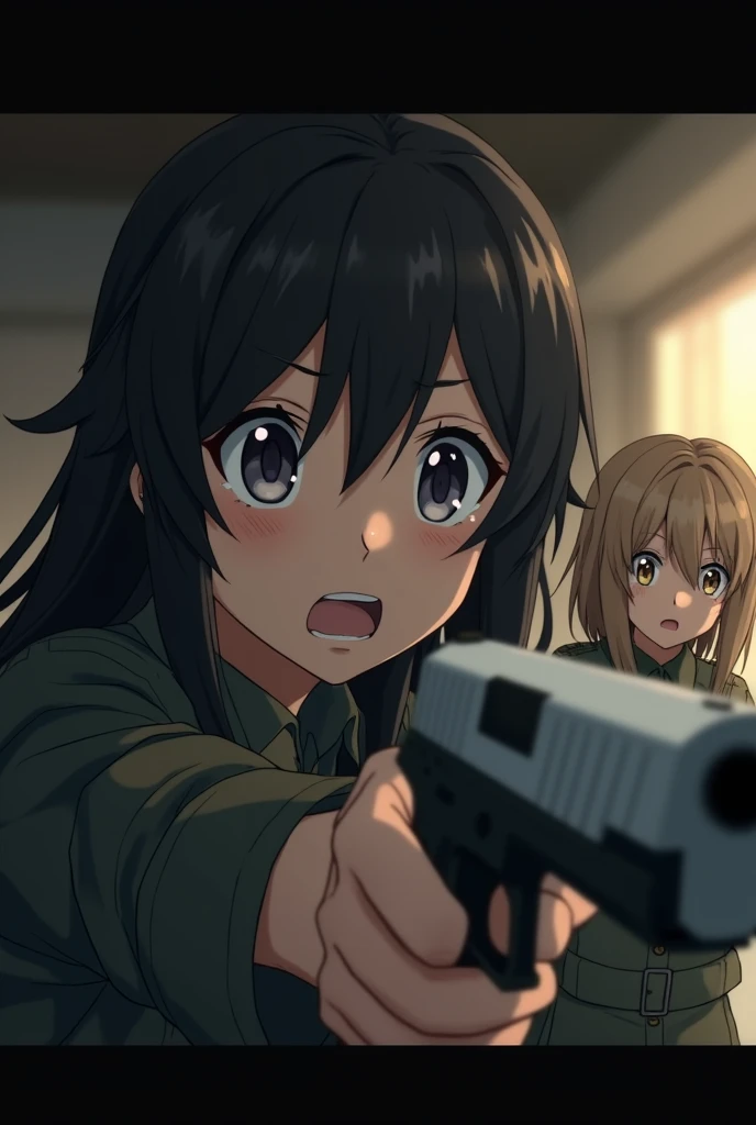 In the anime、FPS,ass pov,First-person view,Surprised face,He points a gun at a girl in a military uniform.,Watery eye