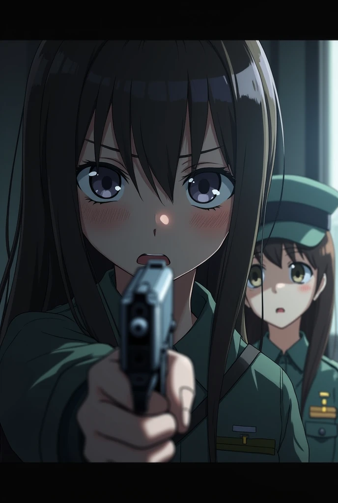 In the anime、FPS,ass pov,First-person view,Surprised face,He points a gun at a girl in a military uniform.,Watery eye