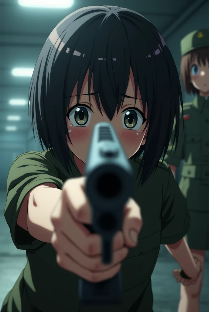 In the anime、FPS,ass pov,First-person view,Surprised face,He points a gun at a girl in a military uniform.,Watery eye