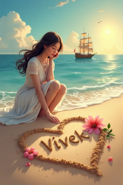 A beautiful girl making a heart is made on the sand by the sea and within this heart is written VIVEK and there is a beautiful flower near it sitting on a ship and visible from there.