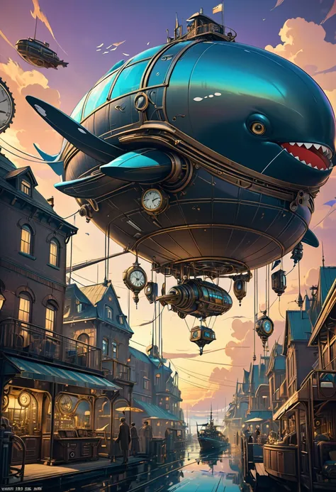 Mechanical Flying Whale, steampunk, Dieselpunk, Clockpunk, Mysterious color scheme, Twilight light effect, Conceptual installation fantasy art, 2.5D, delicate and dynamic、16K, Ultra-high resolution, Ultra-high resolution, to be born,wonderful ,future、Iride...