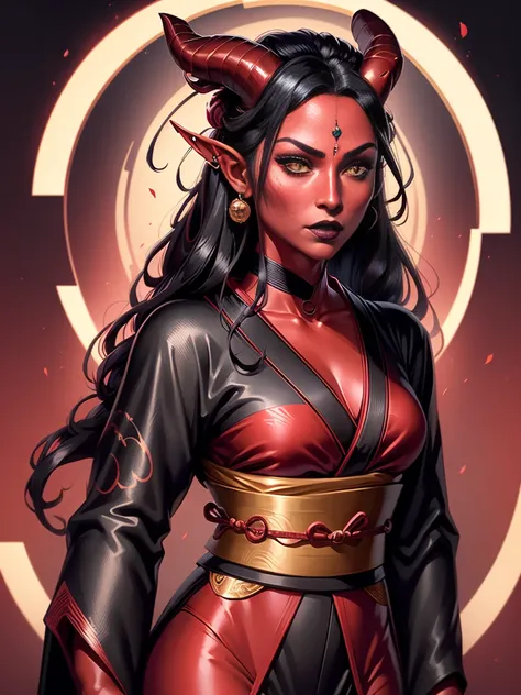 1girl, female, solo, tiefling, ((red skin, red colored skin, deep red skin)), Woman, jewelery, ear piercings, (straight black horns, black oni horns), black hair, long hair, yellow eyes, black lips, choker, goth, horn ornament, armour, ((master piece, best...