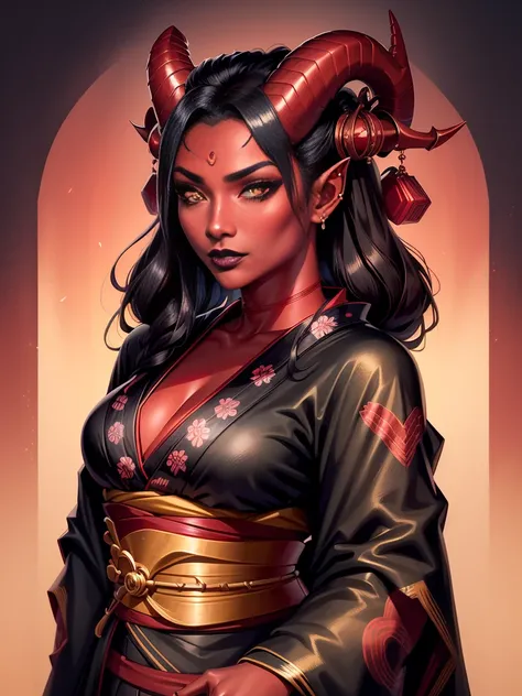 1girl, female, solo, tiefling, ((red skin, red colored skin, deep red skin)), Woman, jewelery, ear piercings, (straight black horns, black oni horns), black hair, long hair, yellow eyes, black lips, choker, goth, horn ornament, armour, ((master piece, best...