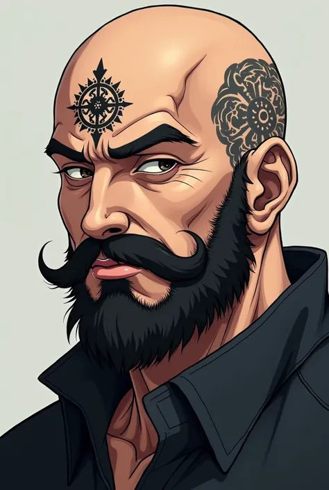 Bald man with anime beard,that has MEKAG0END10S tattooed on his forehead 