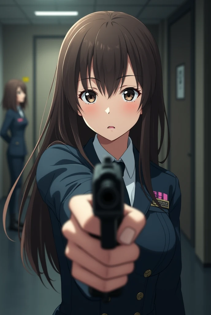 In the anime、FPS,ass pov,First-person view,Surprised face,Viewer points gun at girl in military uniform,Watery eye