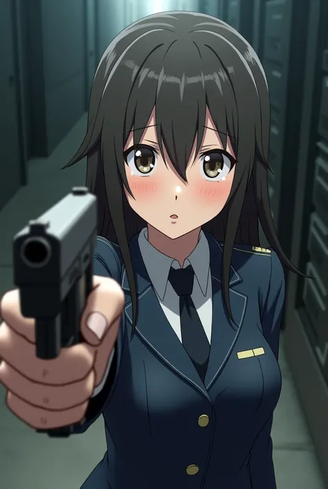 In the anime、FPS,ass pov,First-person view,Surprised face,Viewer points gun at girl in military uniform,Watery eye