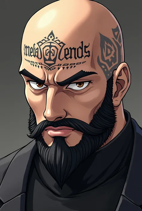 Bald man with anime beard,that has MEKAG0END10S tattooed on his forehead 