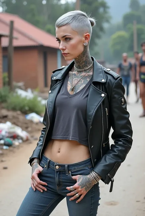 russian milf woman, grey  hair (pouf, shaved sides, top bun), with very light blue eyes, extremely pale skin. All neck tattooed. All stomach tattoed. All chest tattooed.All hands tattooed.Wearing aged black moto jacket with lots of zippers and pins, flippe...