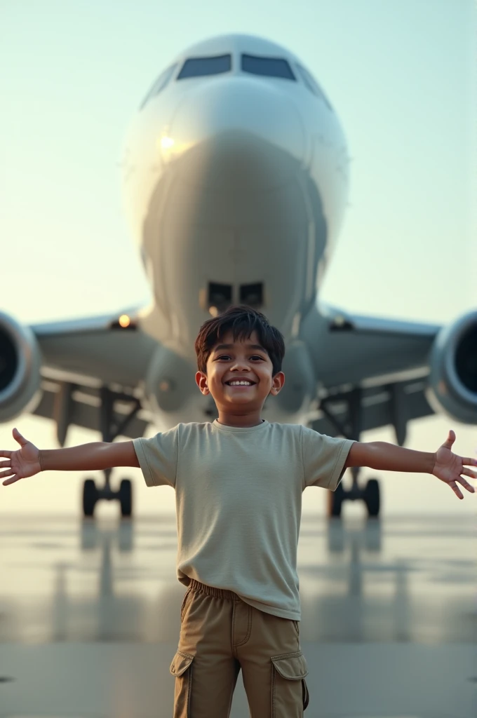 1 Indian boy wearing normal dress posing for aeroplane  in background