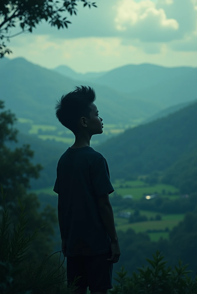 A smart boy see natural beauty from a hill he has a great haircut make this photo dark theme