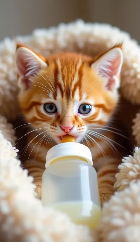 A tiny, orange tabby kitten eagerly drinking from a baby bottle, its little nose pressed against the soft plastic. The scene is warm, with the kitten nestled in a soft blanket.