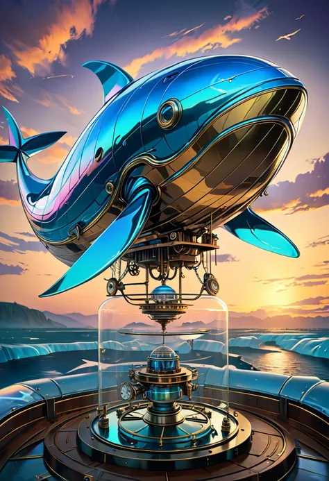 Mechanical Flying Whale, steampunk, Dieselpunk, Clockpunk, Mysterious color scheme, Twilight light effect, Conceptual installation fantasy art, 2.5D, delicate and dynamic、16K, Ultra-high resolution, Ultra-high resolution, to be born,wonderful ,future、Iride...