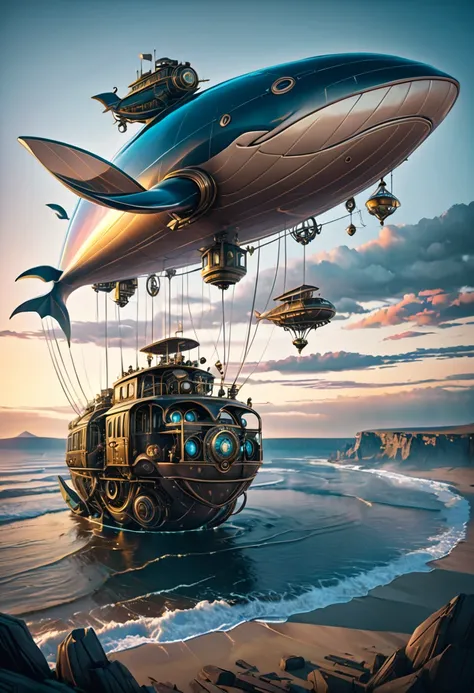 Mechanical Flying Whale, steampunk, Dieselpunk, Clockpunk, Mysterious color scheme, Twilight light effect, Conceptual installation fantasy art, 2.5D, delicate and dynamic、16K, Ultra-high resolution, Ultra-high resolution, to be born,wonderful ,future、Iride...