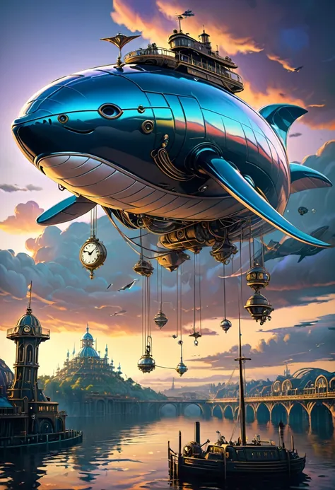 Mechanical Flying Whale, steampunk, Dieselpunk, Clockpunk, Mysterious color scheme, Twilight light effect, Conceptual installation fantasy art, 2.5D, delicate and dynamic、16K, Ultra-high resolution, Ultra-high resolution, to be born,wonderful ,future、Iride...