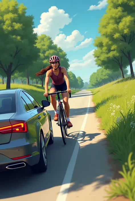 a simple image to copy and paint over: A young woman named Clara rides her bike along the bike path. She sees a car blocking the way and carefully swerves.