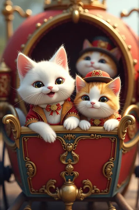 A white cat and a mother cat A cat and a father cat are traveling happily in a carriage dressed in beautiful clothes