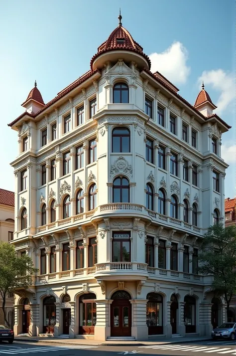 Make a 5-story building, dove, the ground floor is for commerce and the other floors are for housing. And also, with neocolonial facade and sample roof tiles. A 50 meter long horizontal building.