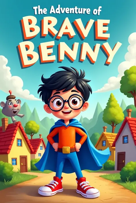 "A colorful cover illustration featuring Benny, a, chubby boy with tousled black hair and round glasses, wearing a bright blue superhero cape and red sneakers. He stands confidently on a hill overlooking a vibrant, whimsical village filled with colorful ho...