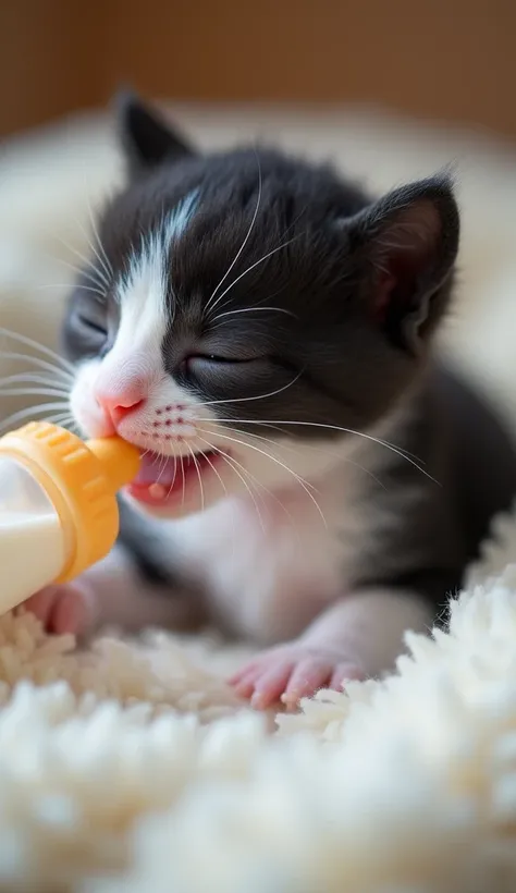 A close-up of a small, black-and-white kitten feeding from a baby bottle, with milk droplets on its tiny whiskers. The kitten is lying on a soft, plush cushion.