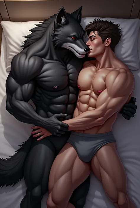 furry biped muscular handsome black wolf white chest and abs pink nipples grey loincloh smile red eyes laying in bed hug kiss male human male

