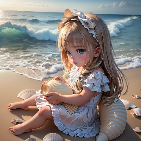 Close-up of a child, sitting on the beach with a shell, Who is born from the sea, wearing seashell attire, seashell, Cute beautiful, seashell, young and Cute, beautiful and Cute, beautiful Cute, beautiful , Cute , in the sea, Cute and lovely, очень beautif...