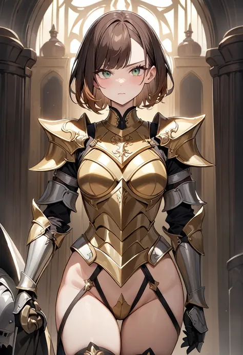 (masterpiece, top quality, very aesthetic, 4k、illustration), ()、intricate detail, 1woman,solo,contrapposto 、(gradient eyes、tareme)、very short hair、asymmetrical bangs,Fair skin,(cowboy shot)、beautiful women、clear face、Serious Face、(Full Plate Armor、Holding ...