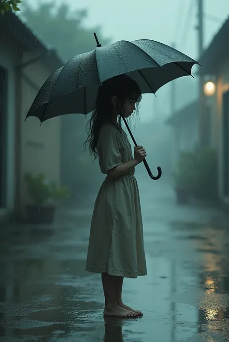 Sad girl holding a umbrella and the rainy season was there and rain is falling down and she was crying in directly