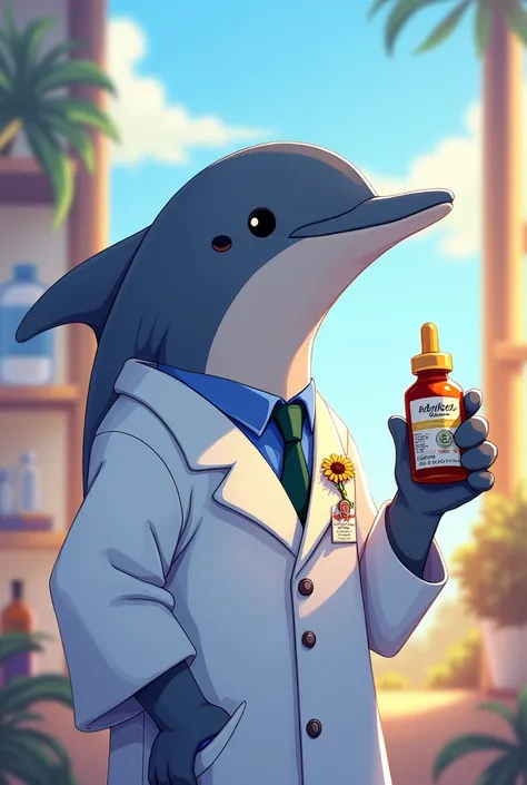 cool  fb profile for a dolphin pharmacist holding a medicine, color pallete of picture is violet and blue and yellow, with a little sunflower pin on coat. animated like ghibli