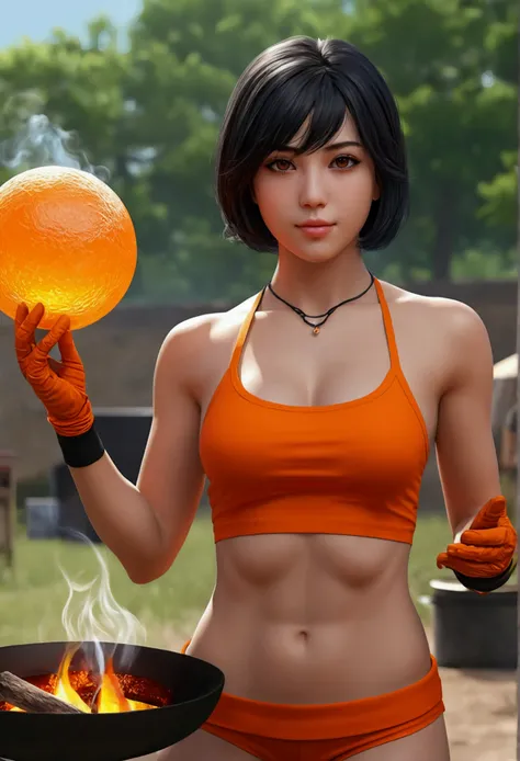 masterpiece, The best quality, highest qualityr, photorealistic, Perfect anatomy, perfect face, Perfect eyes, orange bandana, pandballgt, 1girl, black eyes, black hair, short hair, orange bikini, pants, Gloves without fingers, Red shirt, Crop above, outdoo...